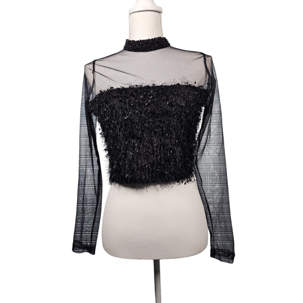 Fashion Nova Crop Top Sheer Mesh Eyelash Fringe Beaded Mock Neck Women M